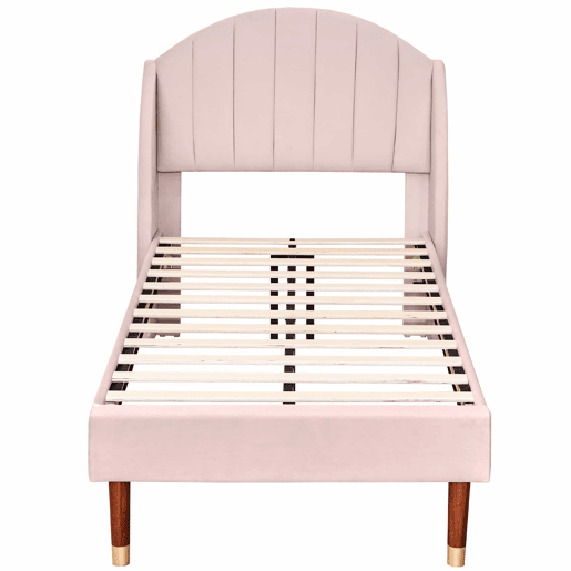 Cama estofada em veludo com estrado de ripas 90x200 cm - Rosa