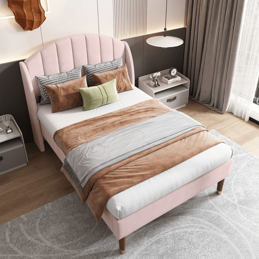 Cama estofada em veludo com estrado de ripas 90x200 cm - Rosa