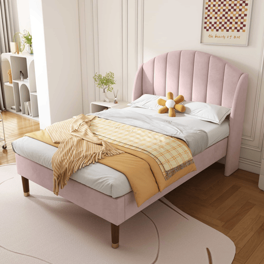 Cama estofada em veludo com estrado de ripas 90x200 cm - Rosa