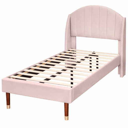 Cama estofada em veludo com estrado de ripas 90x200 cm - Rosa