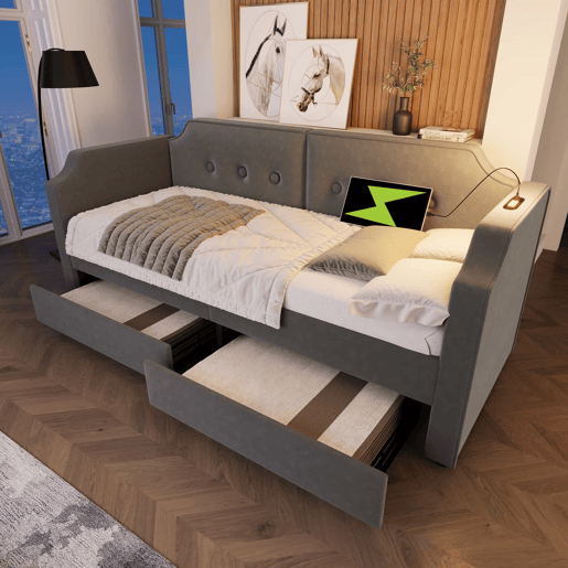 Sofá-cama de veludo 90x200 cm - com função de carga e LED - com base de ripas - Cinzento