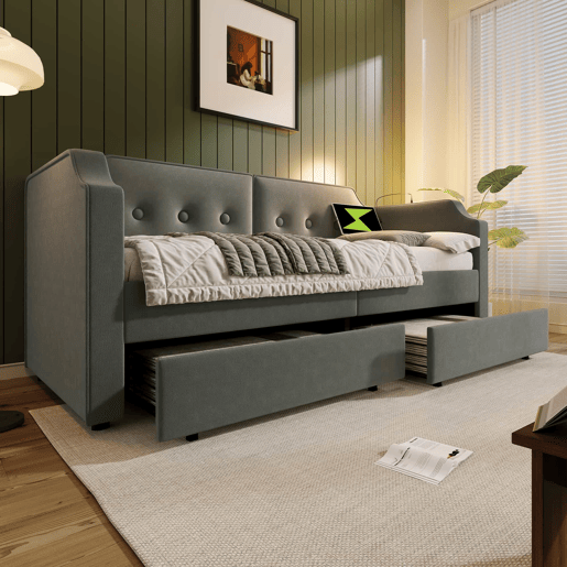 Sofá-cama de veludo 90x200 cm - com função de carga e LED - com base de ripas - Cinzento