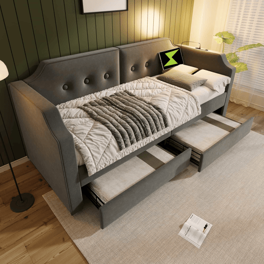 Sofá-cama de veludo 90x200 cm - com função de carga e LED - com base de ripas - Cinzento
