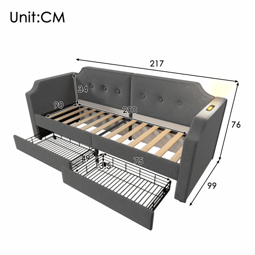 Sofá-cama de veludo 90x200 cm - com função de carga e LED - com base de ripas - Cinzento
