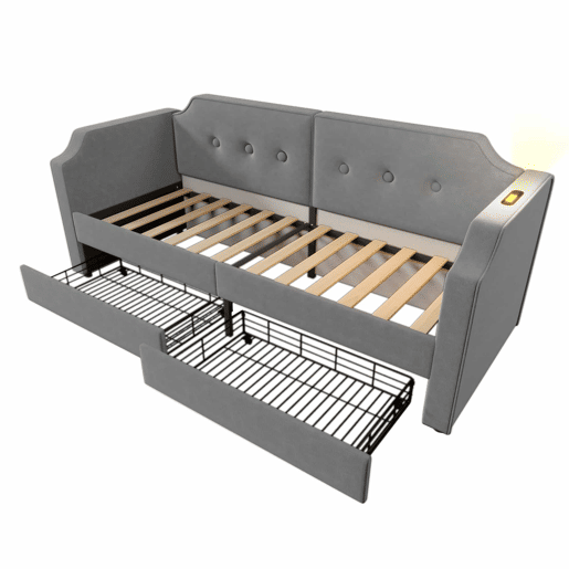 Sofá-cama de veludo 90x200 cm - com função de carga e LED - com base de ripas - Cinzento