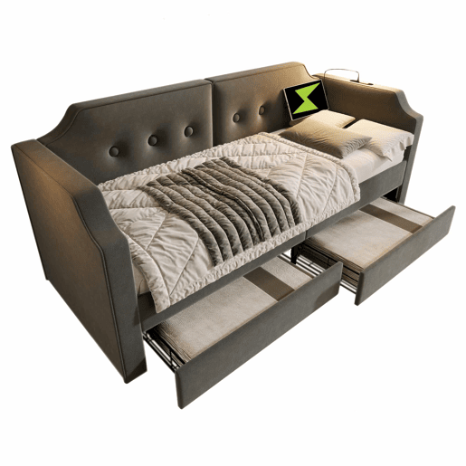 Sofá-cama de veludo 90x200 cm - com função de carga e LED - com base de ripas - Cinzento