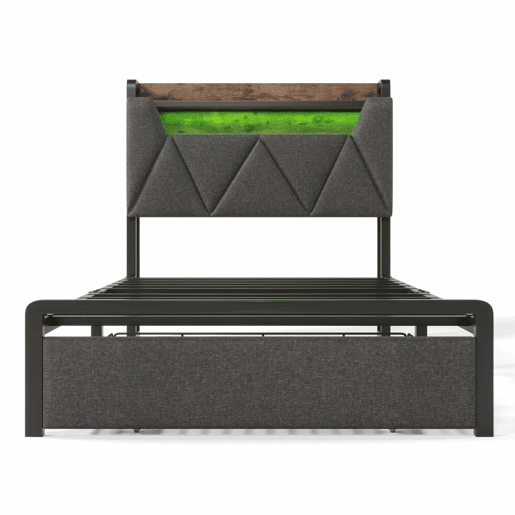 Cama individual 90x200 cm - Cama com função de carregamento USB Tipo C, cabeceira com arrumação, iluminação LED e gavetas - Cinza