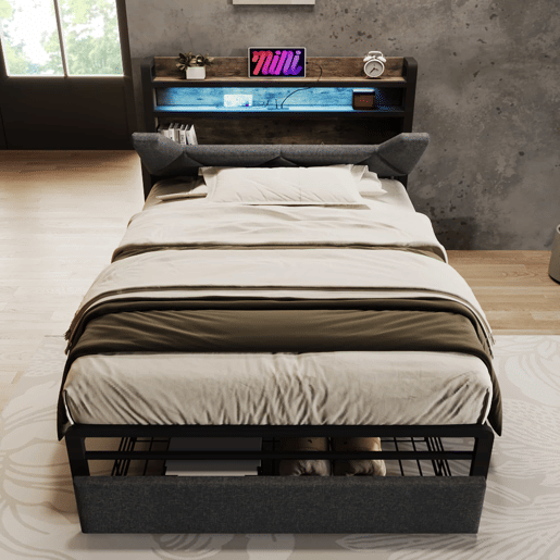 Cama individual 90x200 cm - Cama com função de carregamento USB Tipo C, cabeceira com arrumação, iluminação LED e gavetas - Cinza