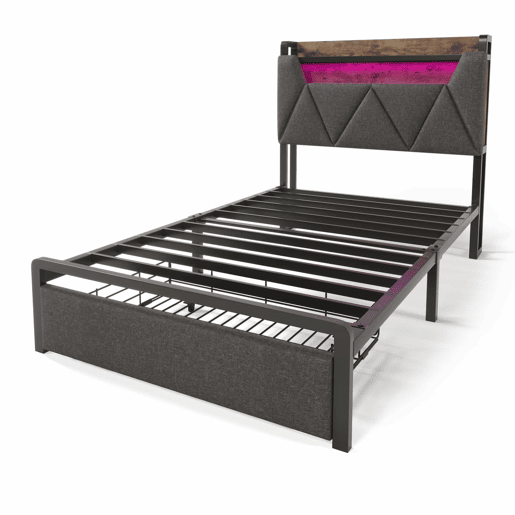 Cama individual 90x200 cm - Cama com função de carregamento USB Tipo C, cabeceira com arrumação, iluminação LED e gavetas - Cinza