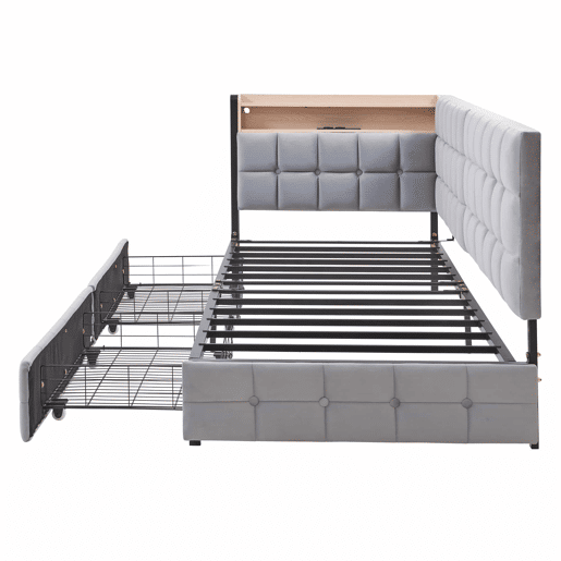 Sofá-cama 90x200 cm - Com 2 gavetas, candeeiro de cabeceira LED, portas USB e Tipo-C - Cinza claro Sofá-cama 90x200 cm - Com 2 gavetas, candeeiro de cabeceira LED, portas USB e Tipo-C - Cinza claro
