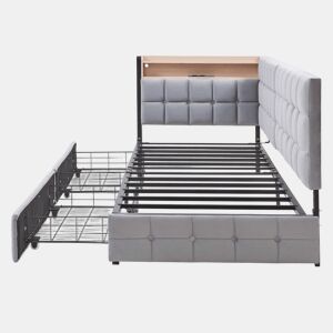 Sofá-cama 90x200 cm - Com 2 gavetas, candeeiro de cabeceira LED, portas USB e Tipo-C - Cinza claro