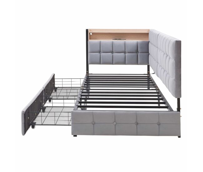 Sofá cama 90x200 cm - con 2 cajones, lámpara de noche led, puertos usb y tipo-c - gris claro