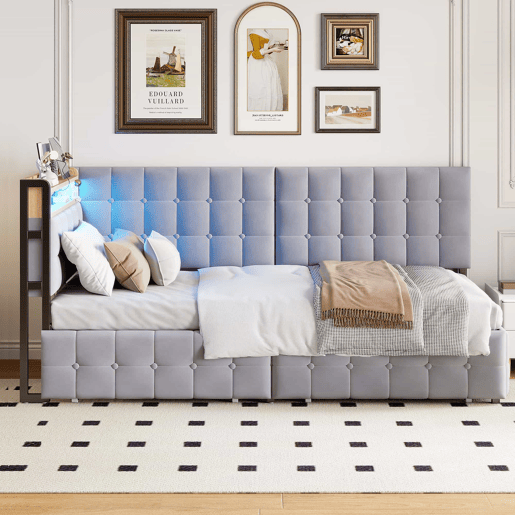 Sofá-cama 90x200 cm - Com 2 gavetas, candeeiro de cabeceira LED, portas USB e Tipo-C - Cinza claro Sofá-cama 90x200 cm - Com 2 gavetas, candeeiro de cabeceira LED, portas USB e Tipo-C - Cinza claro
