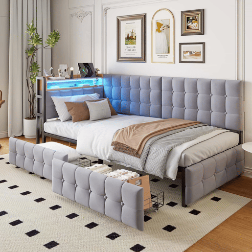Sofá-cama 90x200 cm - Com 2 gavetas, candeeiro de cabeceira LED, portas USB e Tipo-C - Cinza claro Sofá-cama 90x200 cm - Com 2 gavetas, candeeiro de cabeceira LED, portas USB e Tipo-C - Cinza claro