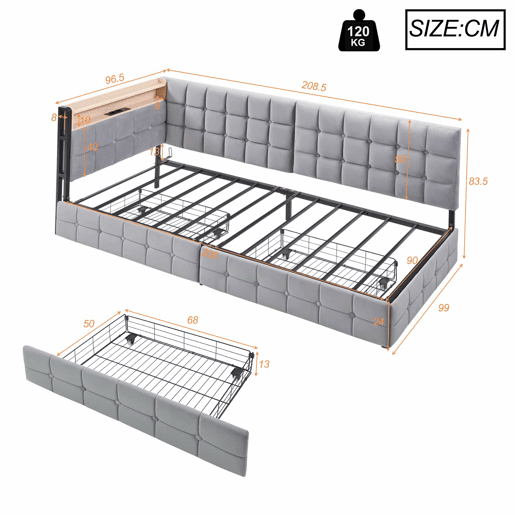 Sofá-cama 90x200 cm - Com 2 gavetas, candeeiro de cabeceira LED, portas USB e Tipo-C - Cinza claro Sofá-cama 90x200 cm - Com 2 gavetas, candeeiro de cabeceira LED, portas USB e Tipo-C - Cinza claro