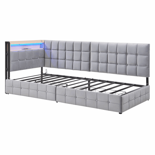Sofá-cama 90x200 cm - Com 2 gavetas, candeeiro de cabeceira LED, portas USB e Tipo-C - Cinza claro Sofá-cama 90x200 cm - Com 2 gavetas, candeeiro de cabeceira LED, portas USB e Tipo-C - Cinza claro
