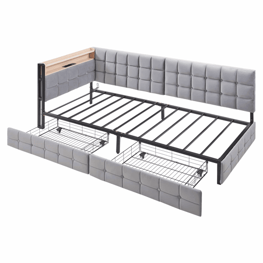 Sofá-cama 90x200 cm - Com 2 gavetas, candeeiro de cabeceira LED, portas USB e Tipo-C - Cinza claro Sofá-cama 90x200 cm - Com 2 gavetas, candeeiro de cabeceira LED, portas USB e Tipo-C - Cinza claro