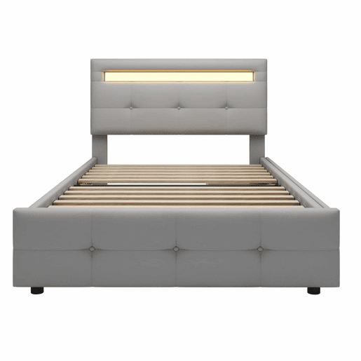 Cama individual 90x200 cm em tecido de linho com LED e 2 gavetas - Cinzento