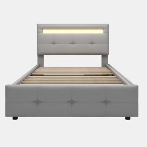 Cama individual 90x200 cm em tecido de linho com LED e 2 gavetas - Cinzento