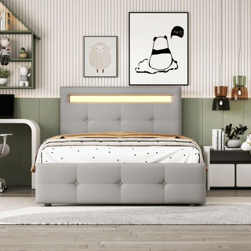 Cama individual 90x200 cm em tecido de linho com LED e 2 gavetas - Cinzento
