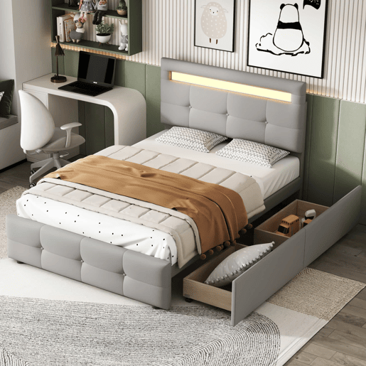 Cama individual 90x200 cm em tecido de linho com LED e 2 gavetas - Cinzento