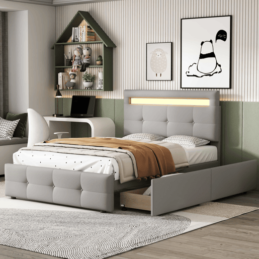 Cama individual 90x200 cm em tecido de linho com LED e 2 gavetas - Cinzento