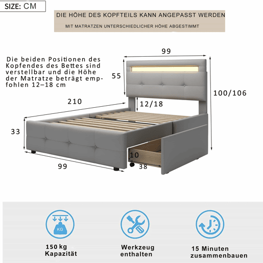 Cama individual 90x200 cm em tecido de linho com LED e 2 gavetas - Cinzento