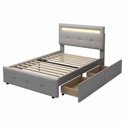 Cama individual 90x200 cm em tecido de linho com LED e 2 gavetas - Cinzento
