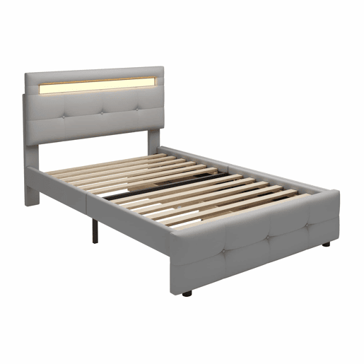Cama individual 90x200 cm em tecido de linho com LED e 2 gavetas - Cinzento