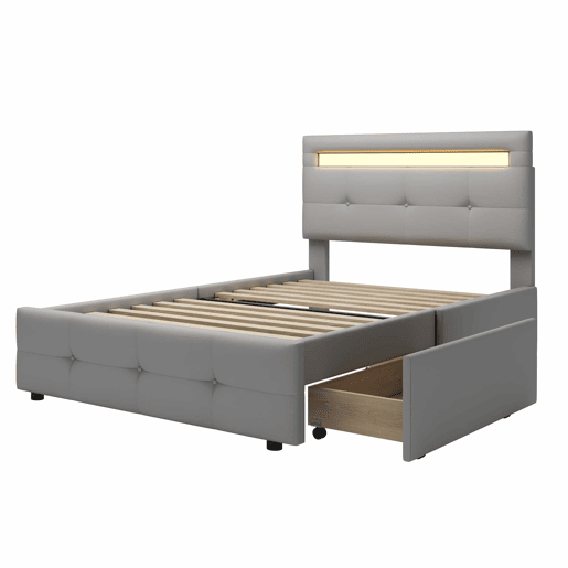Cama individual 90x200 cm em tecido de linho com LED e 2 gavetas - Cinzento