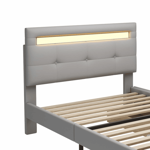 Cama individual 90x200 cm em tecido de linho com LED e 2 gavetas - Cinzento