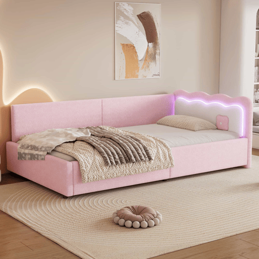 Sofá-cama 90x200 cm com LED e estrado de ripas - Rosa Sofá-cama 90x200 cm com LED e estrado de ripas - Rosa