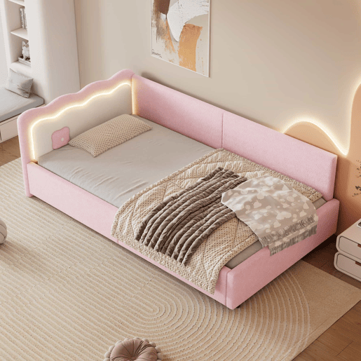 Sofá-cama 90x200 cm com LED e estrado de ripas - Rosa Sofá-cama 90x200 cm com LED e estrado de ripas - Rosa