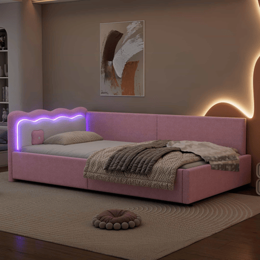 Sofá-cama 90x200 cm com LED e estrado de ripas - Rosa Sofá-cama 90x200 cm com LED e estrado de ripas - Rosa