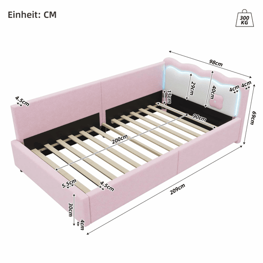 Sofá-cama 90x200 cm com LED e estrado de ripas - Rosa Sofá-cama 90x200 cm com LED e estrado de ripas - Rosa