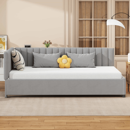 Sofá-cama 90x200 - Multifuncional com estrado, tecido de veludo suave para a pele - Cinza