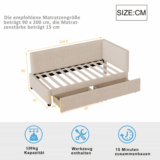 Sofá-cama 90x200 - Multifuncional com 2 gavetas de arrumação e estrado - Bege