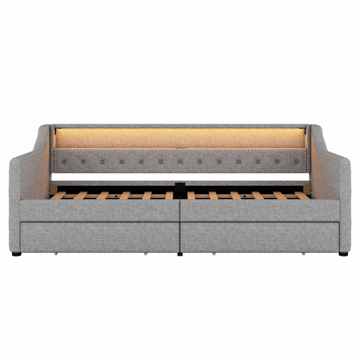 Cama de dia 90x200 cm - Sofá-cama com duas gavetas, luz ambiente com controlo remoto, porta USB - Cinza