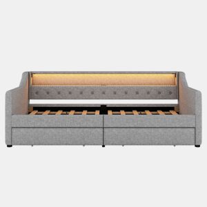 Cama de dia 90x200 cm - Sofá-cama com duas gavetas, luz ambiente com controlo remoto, porta USB - Cinza