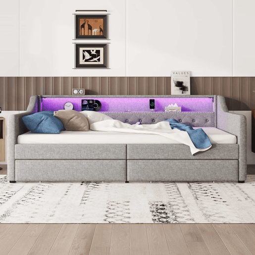 Cama de dia 90x200 cm - Sofá-cama com duas gavetas, luz ambiente com controlo remoto, porta USB - Cinza