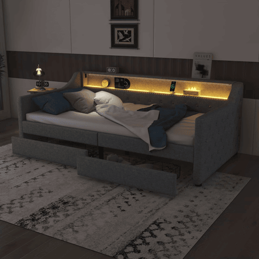 Cama de dia 90x200 cm - Sofá-cama com duas gavetas, luz ambiente com controlo remoto, porta USB - Cinza