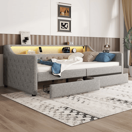Cama de dia 90x200 cm - Sofá-cama com duas gavetas, luz ambiente com controlo remoto, porta USB - Cinza