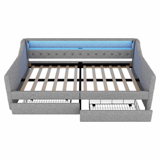 Cama de dia 90x200 cm - Sofá-cama com duas gavetas, luz ambiente com controlo remoto, porta USB - Cinza