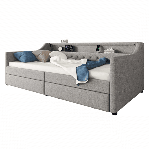 Cama de dia 90x200 cm - Sofá-cama com duas gavetas, luz ambiente com controlo remoto, porta USB - Cinza