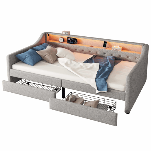 Cama de dia 90x200 cm - Sofá-cama com duas gavetas, luz ambiente com controlo remoto, porta USB - Cinza