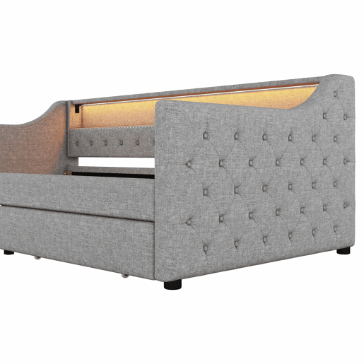 Cama de dia 90x200 cm - Sofá-cama com duas gavetas, luz ambiente com controlo remoto, porta USB - Cinza