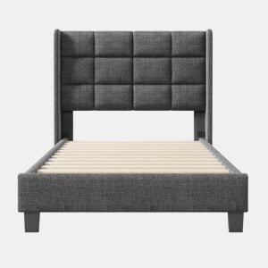 Cama estofada moderna 90x200 cm - Cabeceira acolchoada, com estrado, linho cinzento, firmeza média