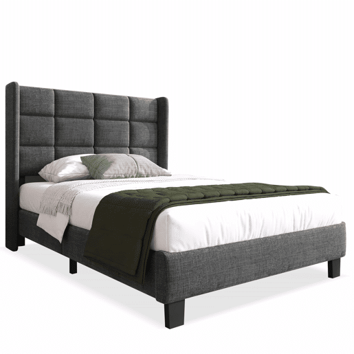Cama estofada moderna 90x200 cm - Cabeceira acolchoada, com estrado, linho cinzento, firmeza média