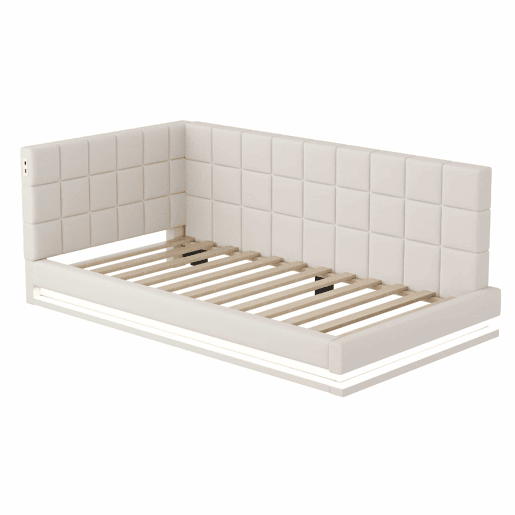 Sofá-cama com colchão de 90*200 - Multifuncional com luz LED, porta USB e estrado - Bege