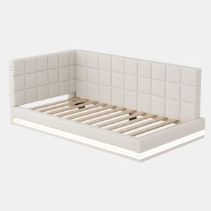 Sofá-cama com colchão de 90*200 - Multifuncional com luz LED, porta USB e estrado - Bege